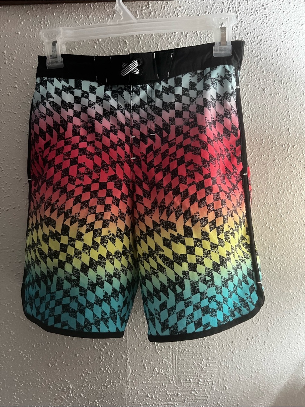 Kids Gradient Check Swim Shorts - Black Waistband, Pink/Yellow/Blue - size 10/12